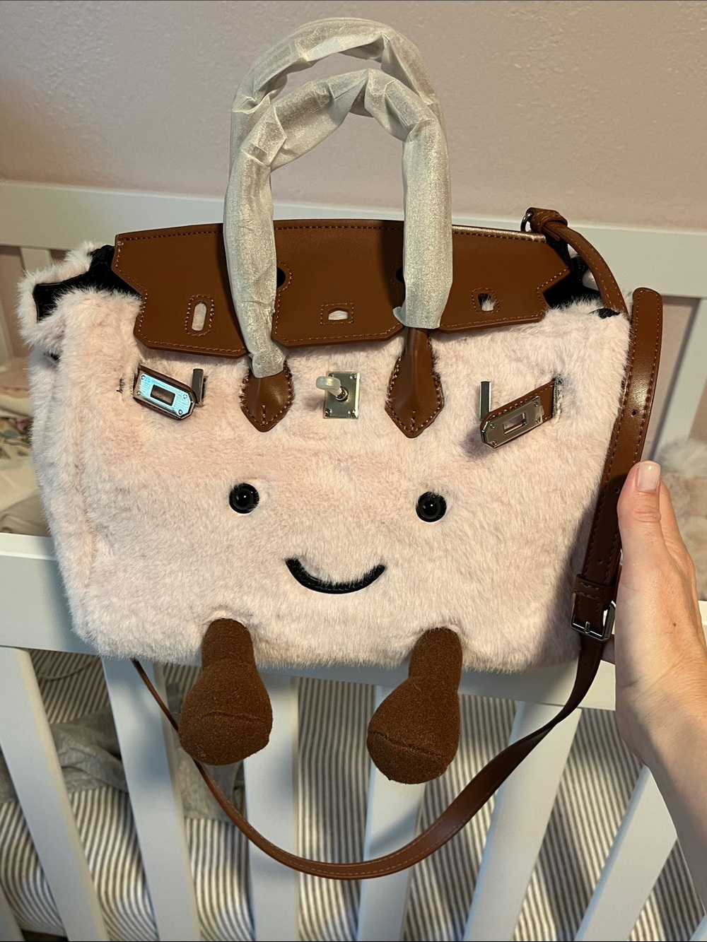 Plush Pink Kids Crossbody Bag with Brown Trim and Playful Face